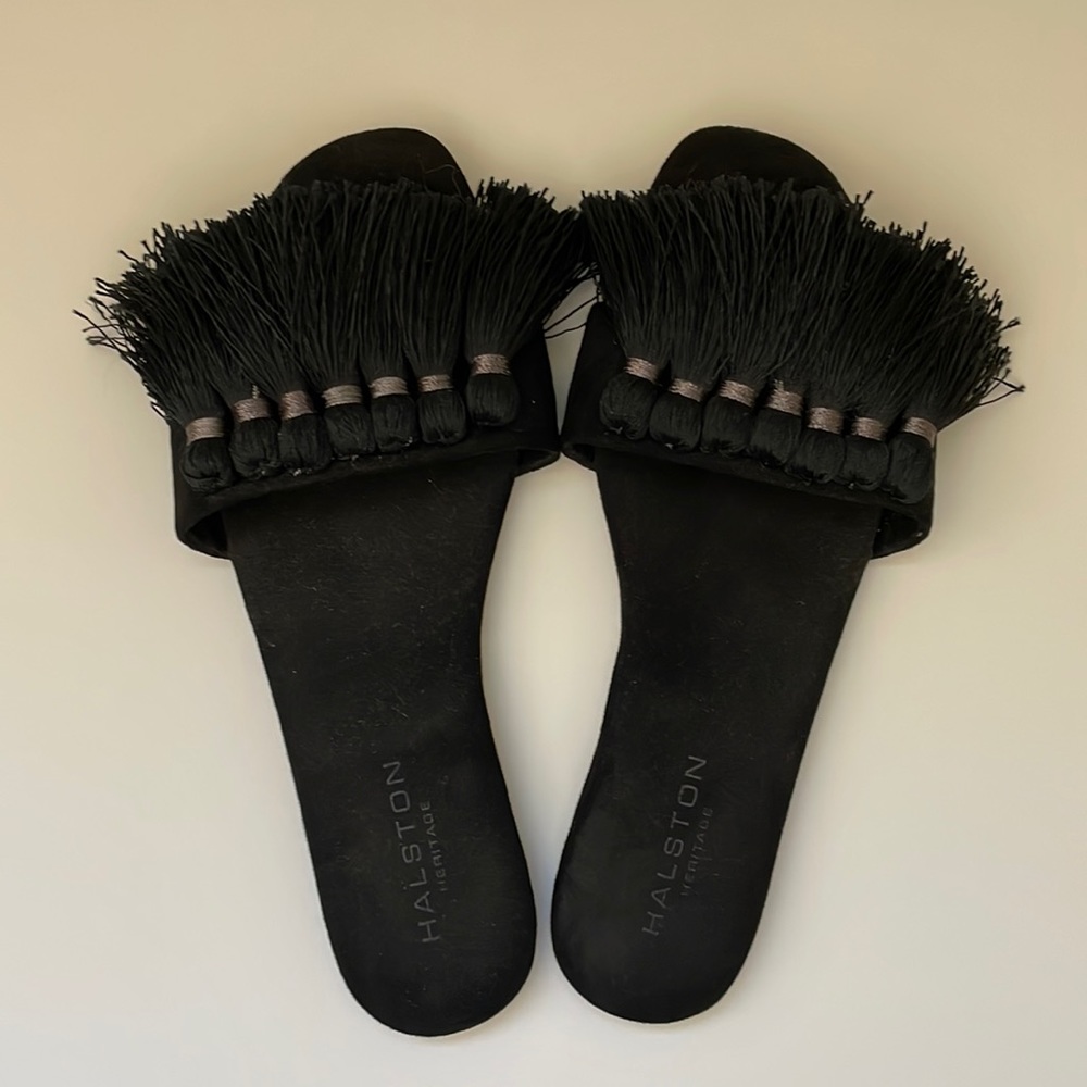 Halston Heritage Black Fringe Flat Slide Sandals Size 6